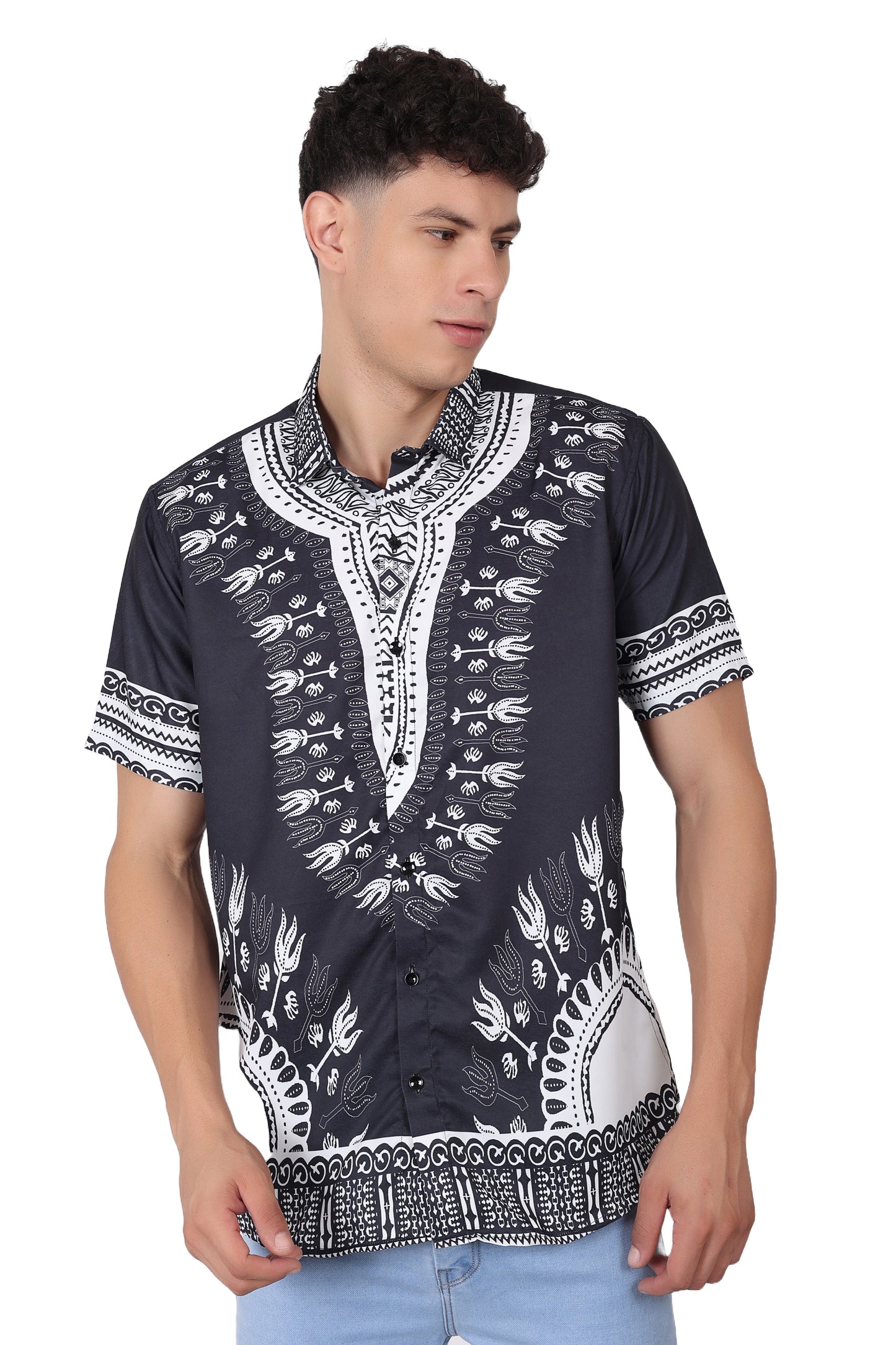 Camisa de Hombre Afrocaribeño Negro de Botones HS402