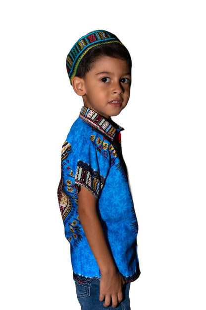 Camisa de Niño de Botones con Estampado Afrocaribeño Azul
