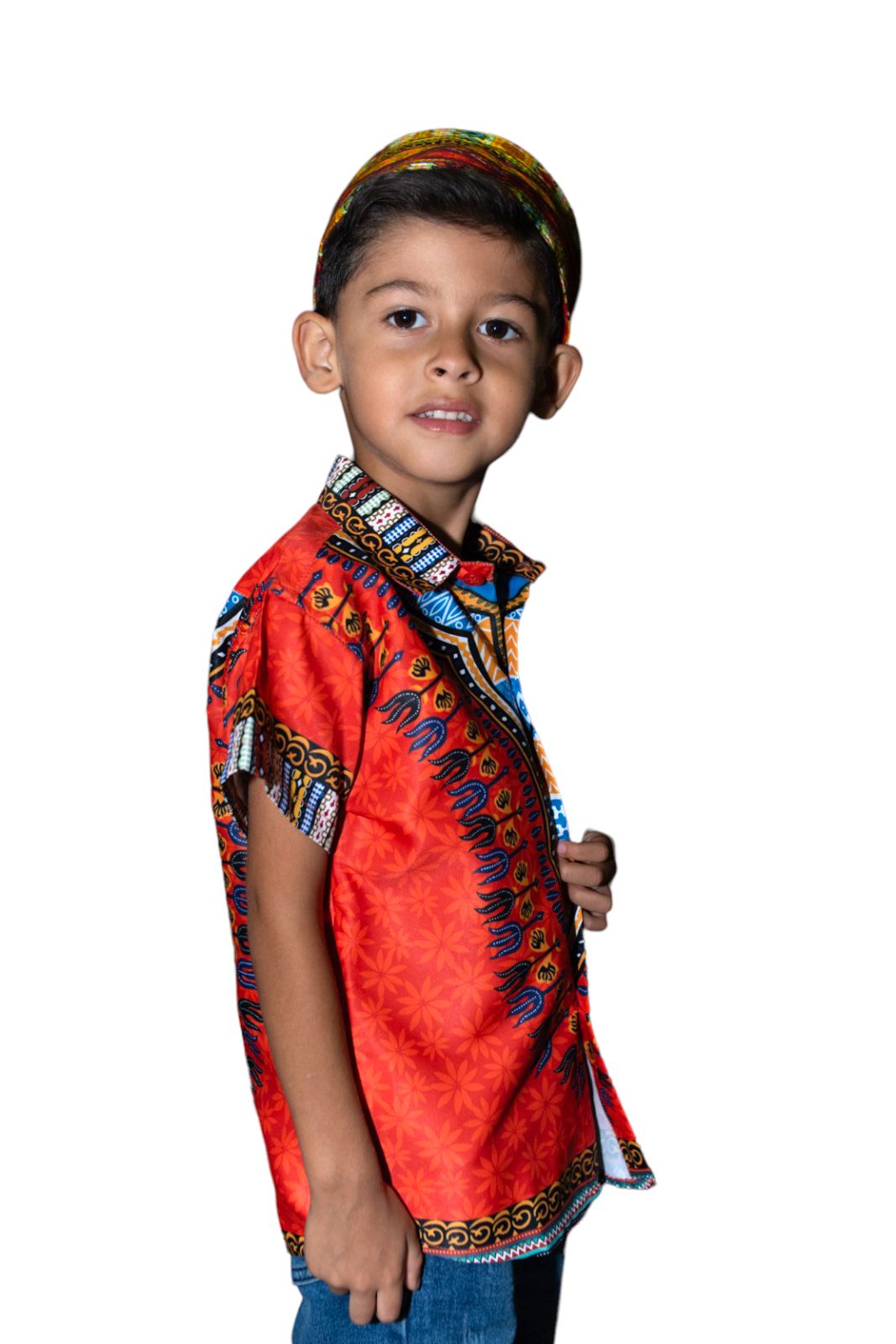 Camisa de Niño de Botones con Estampado Afrocaribeño Naranja