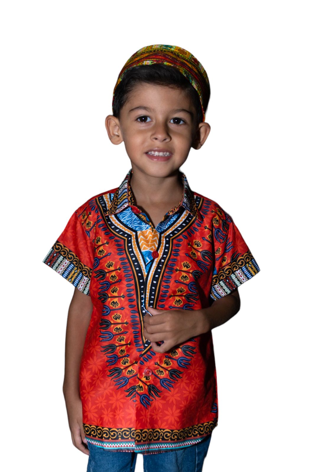 Camisa de Niño de Botones con Estampado Afrocaribeño Naranja