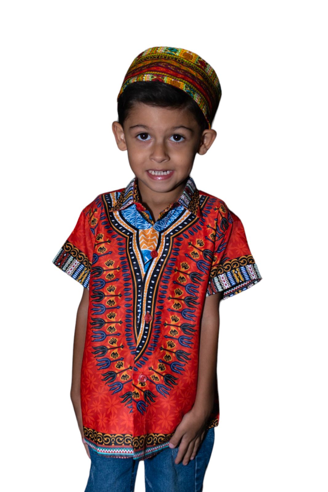Camisa de Niño de Botones con Estampado Afrocaribeño Naranja