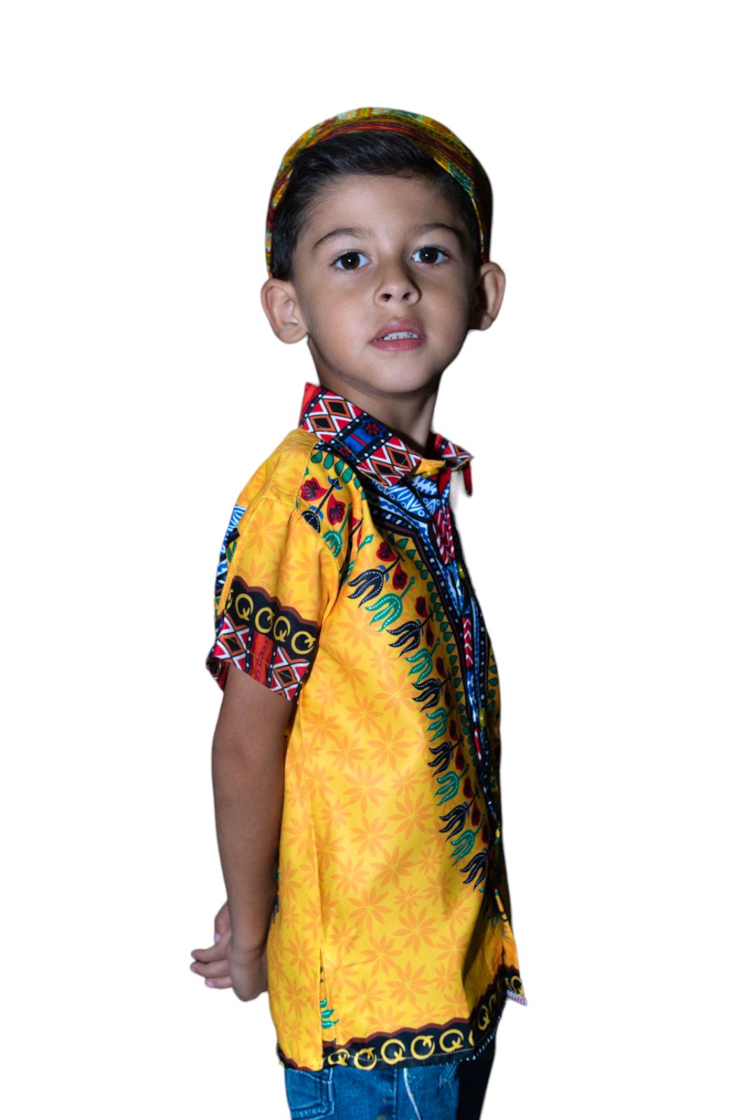 Camisa de Niño de Botones con Estampado Afrocaribeño Amarillo