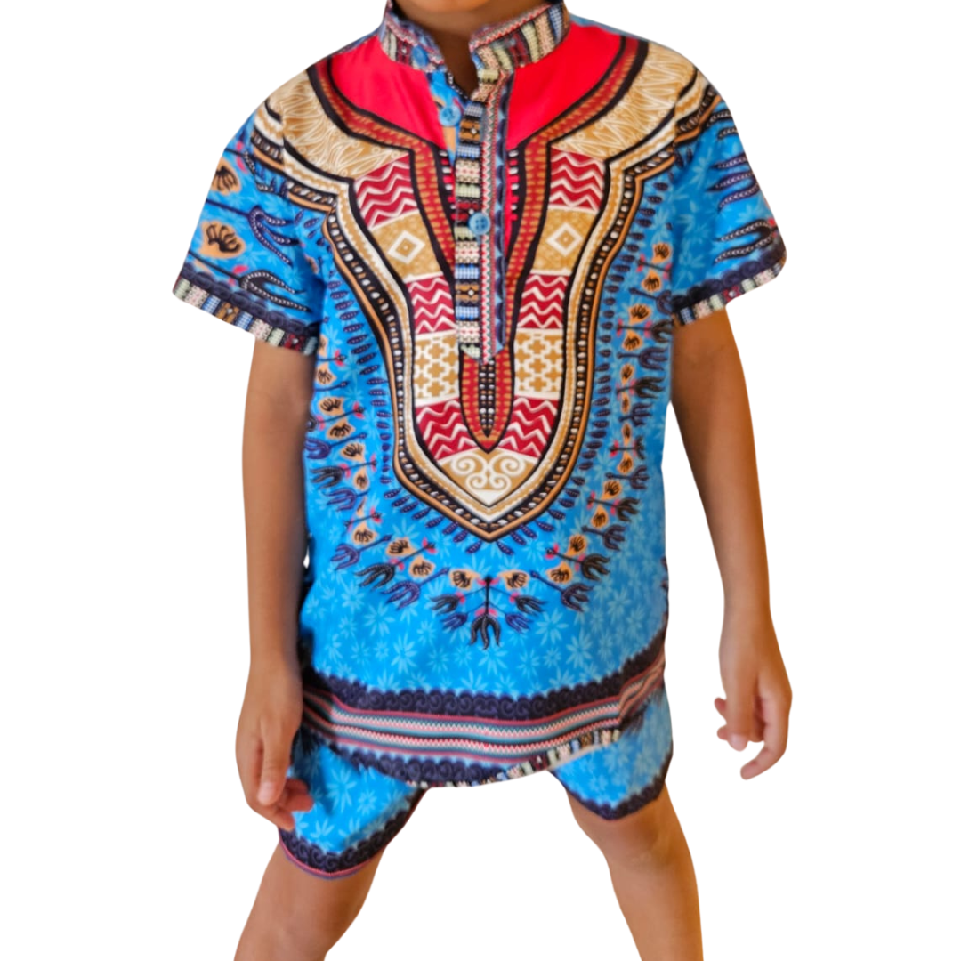Camisa Afrocaribeña de Niño de Botones Cuello Chino Estampado Azul