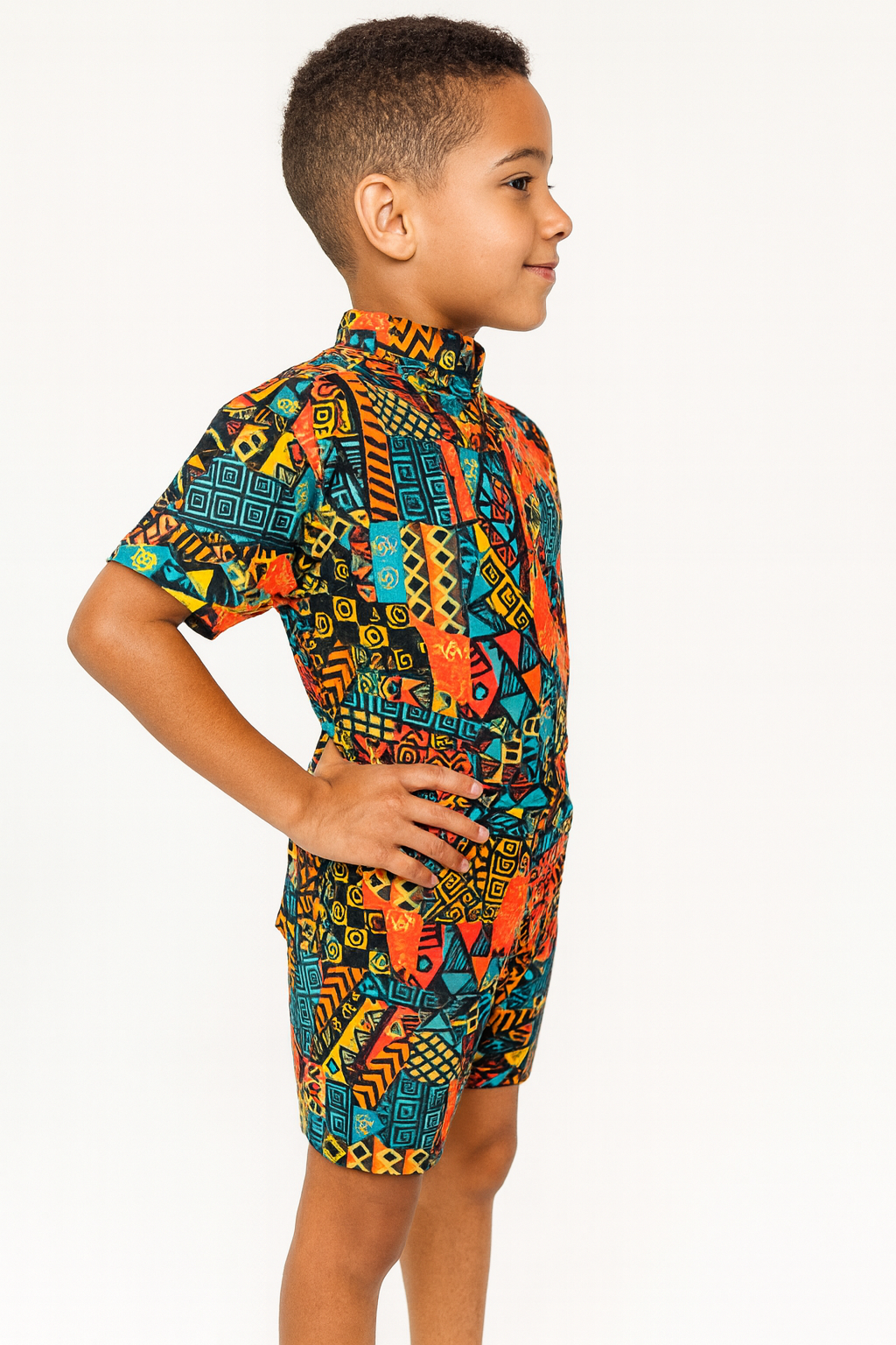 Traje de Niño Afrocaribeño Combo Camisa + Short + Kufi Combinado de regalía. Conjunto Afrodescendiente
