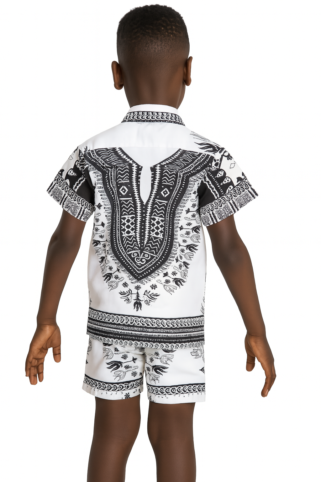 Camisa Afrocaribeña de Niño de Botones Cuello Chino Estampado Blanco con Negro
