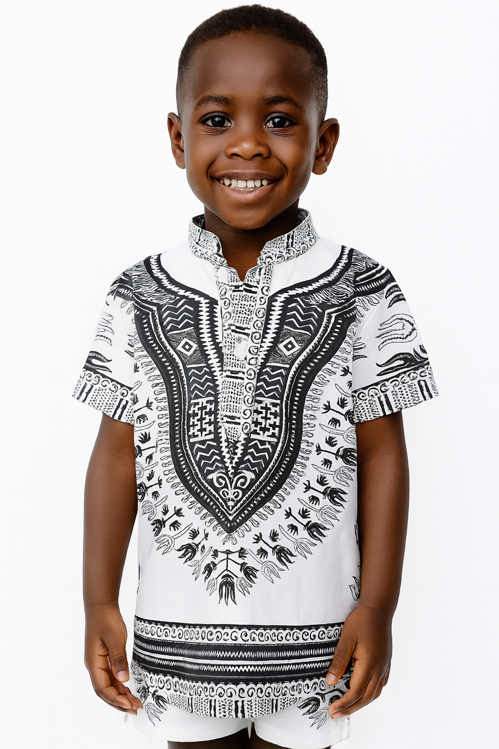Camisa Afrocaribeña de Niño de Botones Cuello Chino Estampado Blanco con Negro