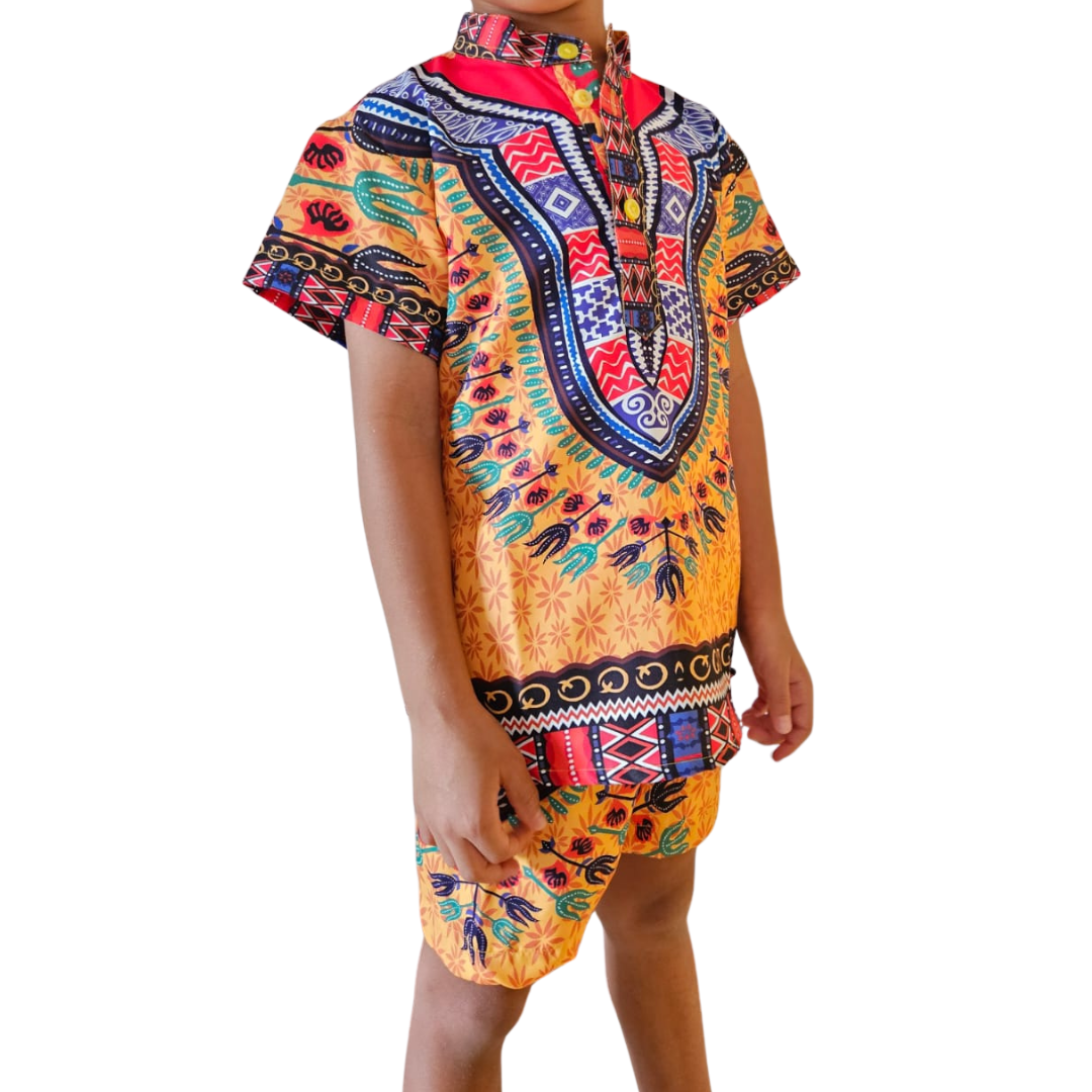 Camisa Afrocaribeña de Niño de Botones Cuello Chino Estampado Amarillo