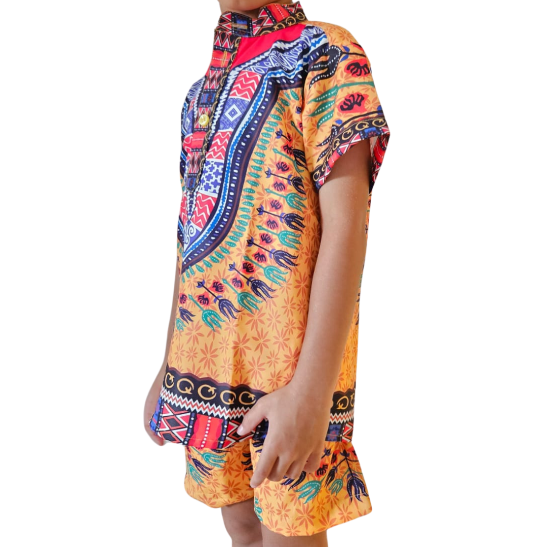 Camisa Afrocaribeña de Niño de Botones Cuello Chino Estampado Amarillo