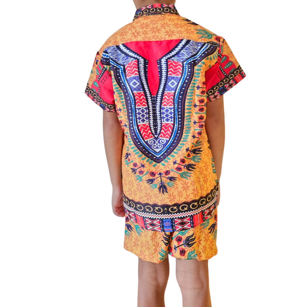 Camisa Afrocaribeña de Niño de Botones Cuello Chino Estampado Amarillo