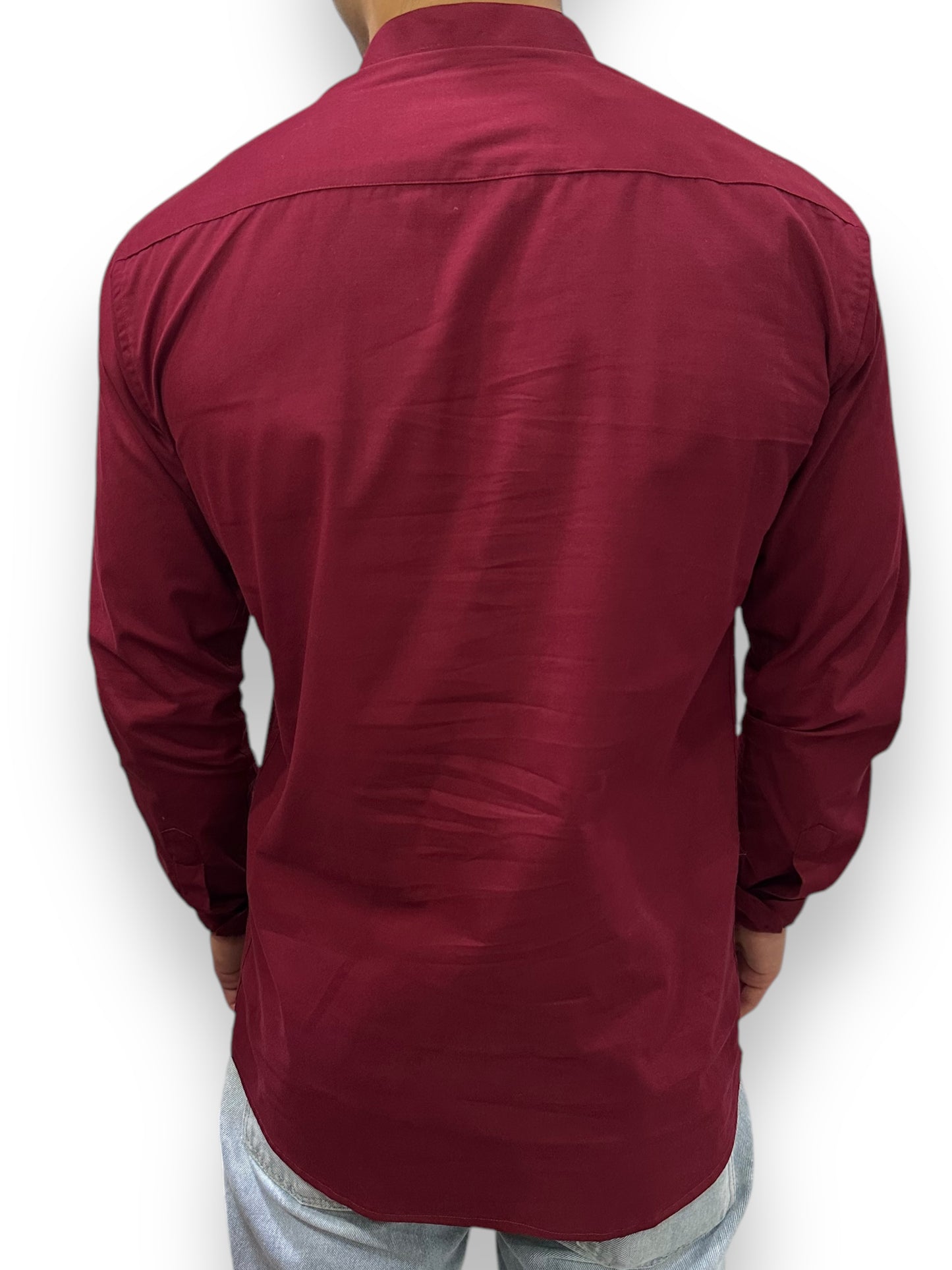 Men's Wine Long-Sleeved Mandarin Collar Shirt