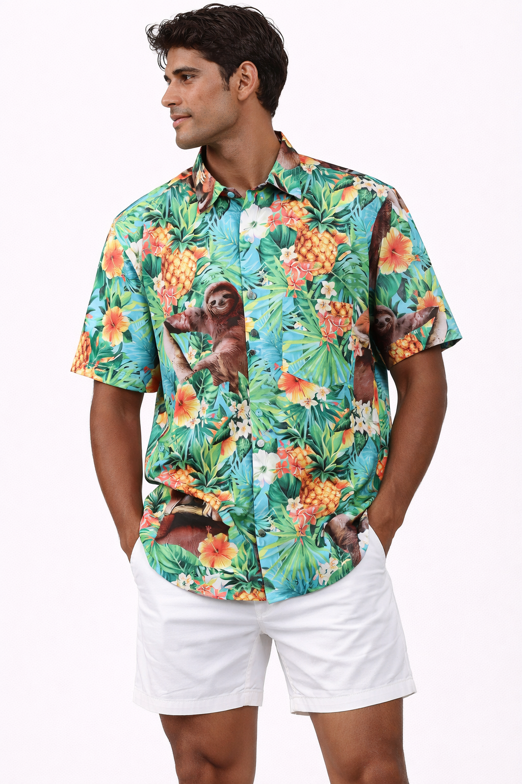 Men's Caribbean Hawaiian Beach Shirt with Bear Pineapple Print