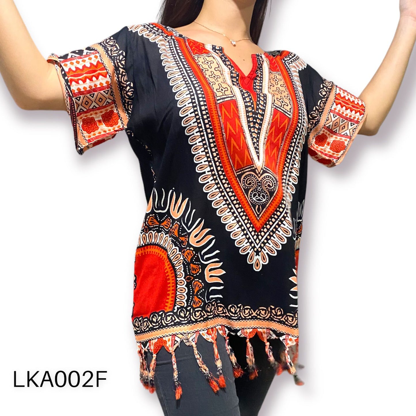 Blusa de Dama Afrocaribeño Negro con Flecos