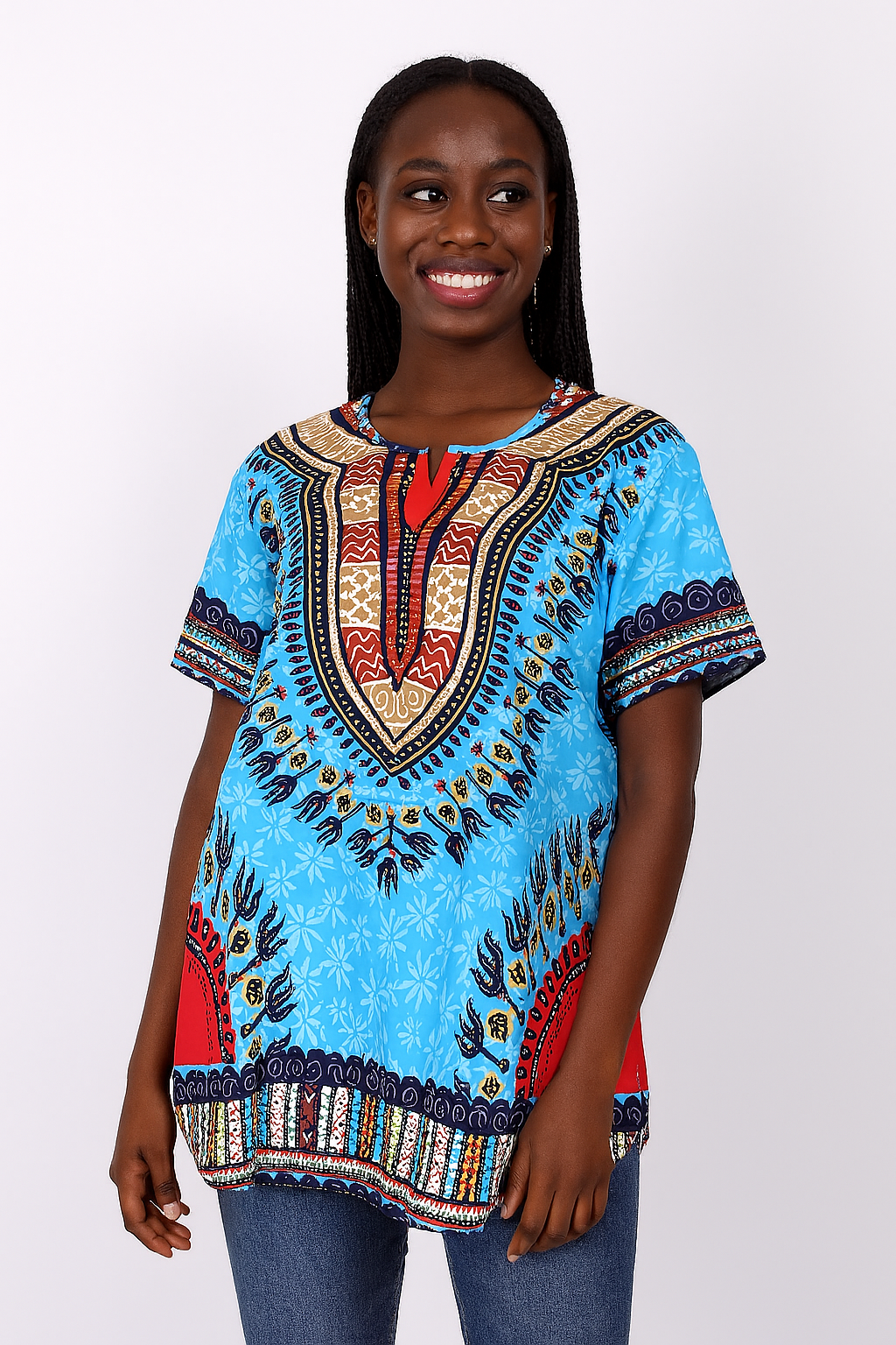 Blusa Afrocaribeña de Dama Estampado Azul Turquesa