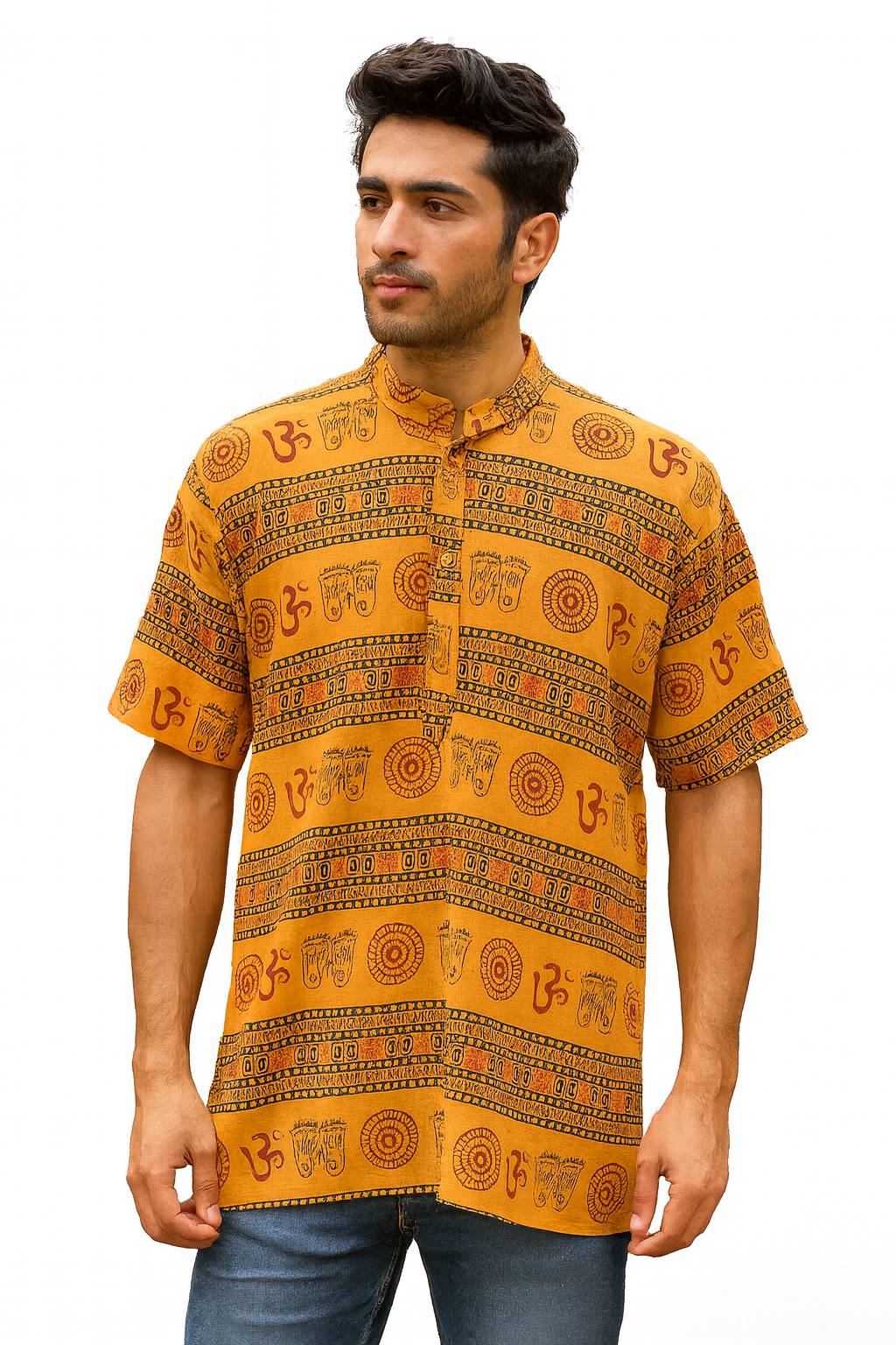 Camisa Kurta de Hombre Mangas Cortas Estampado Om Mostaza