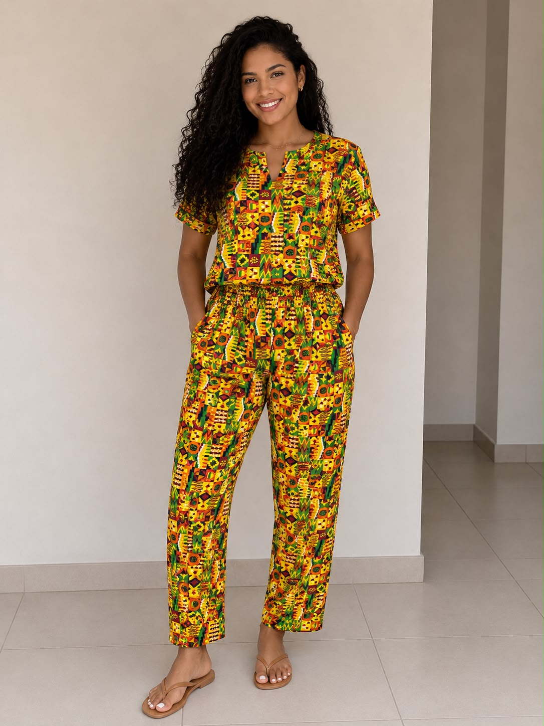 Pantalón De Dama Estampado Afrocaribeño Amarillo