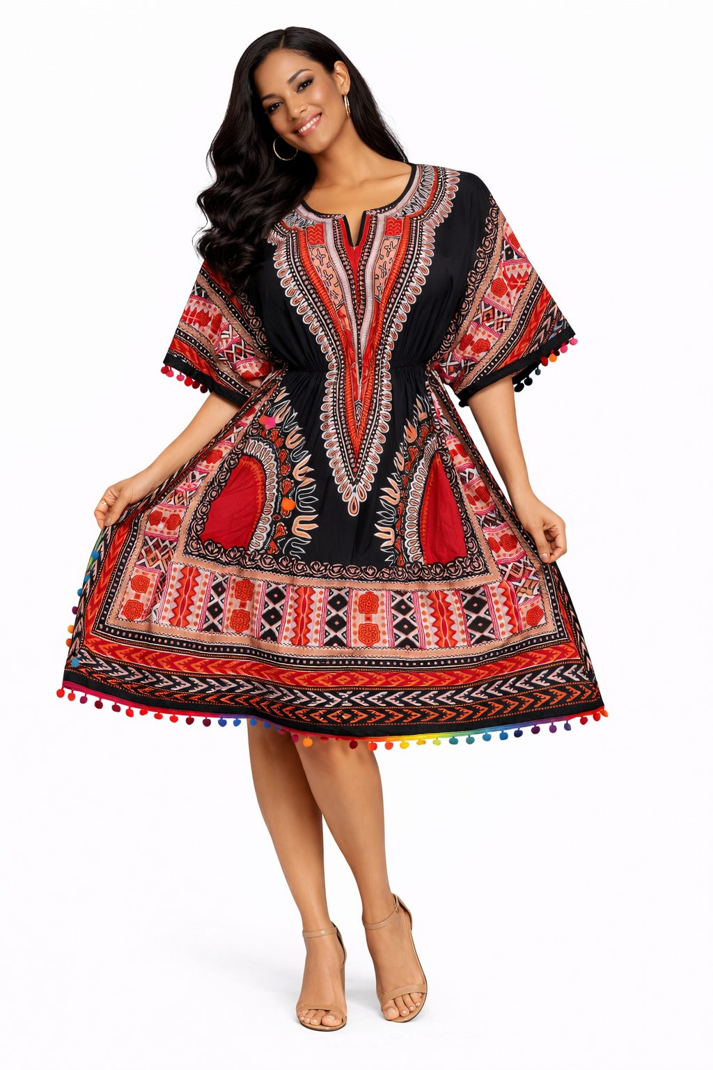 Blusa Kaftán Negro Con Rojo Estilo Africano Multicolor