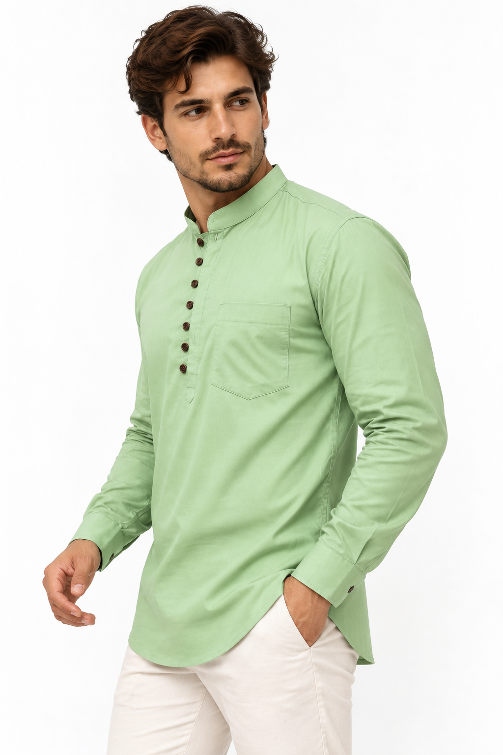 Camisa Verde Claro de Hombre Mangas Largas Cuello Chino