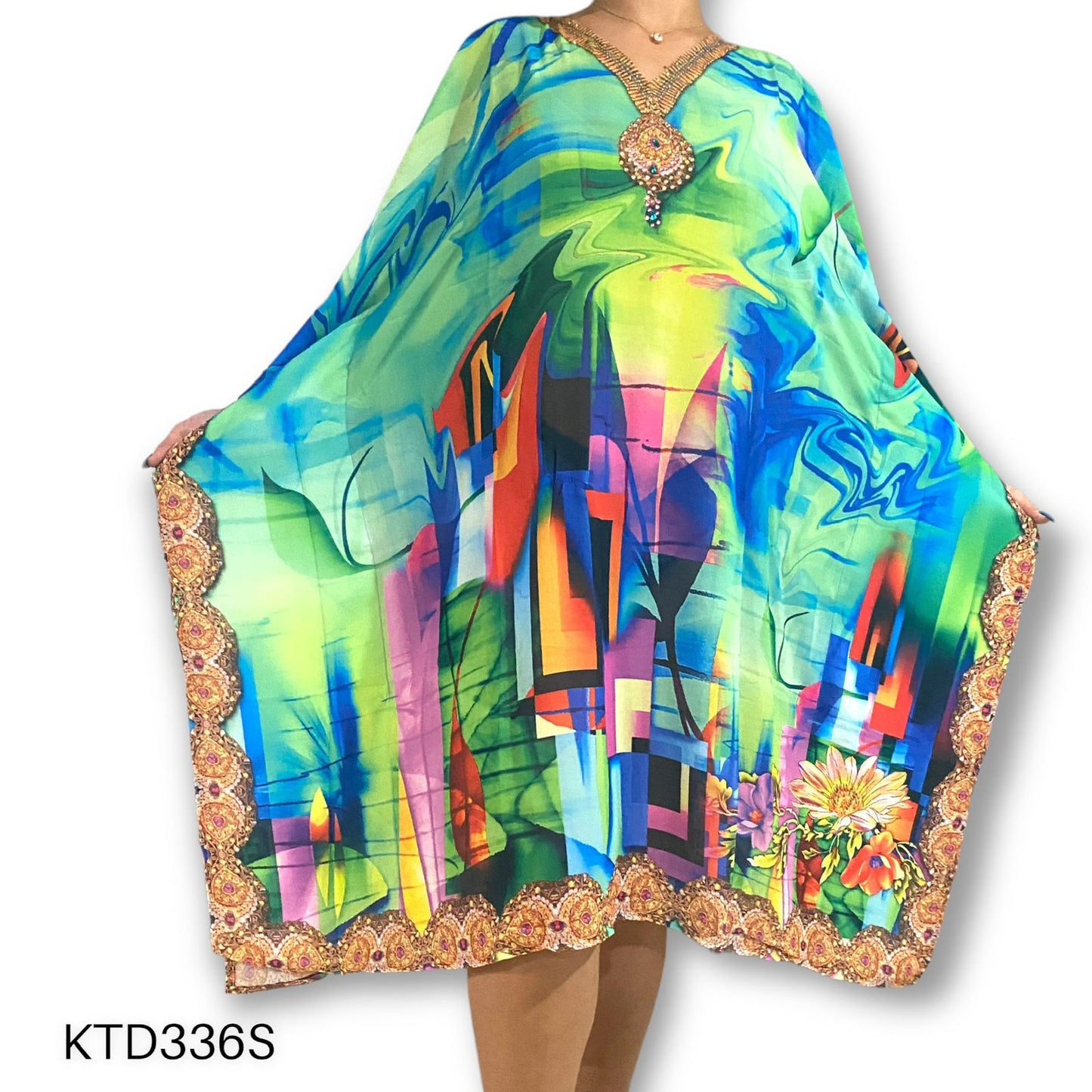 Vestido de Dama con Estampado Digital y Piedras Brillantes