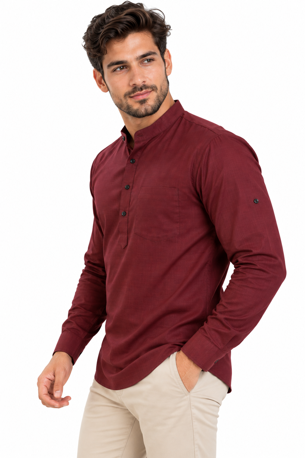 Camisa Vino Hombre Mangas Largas Cuello Chino