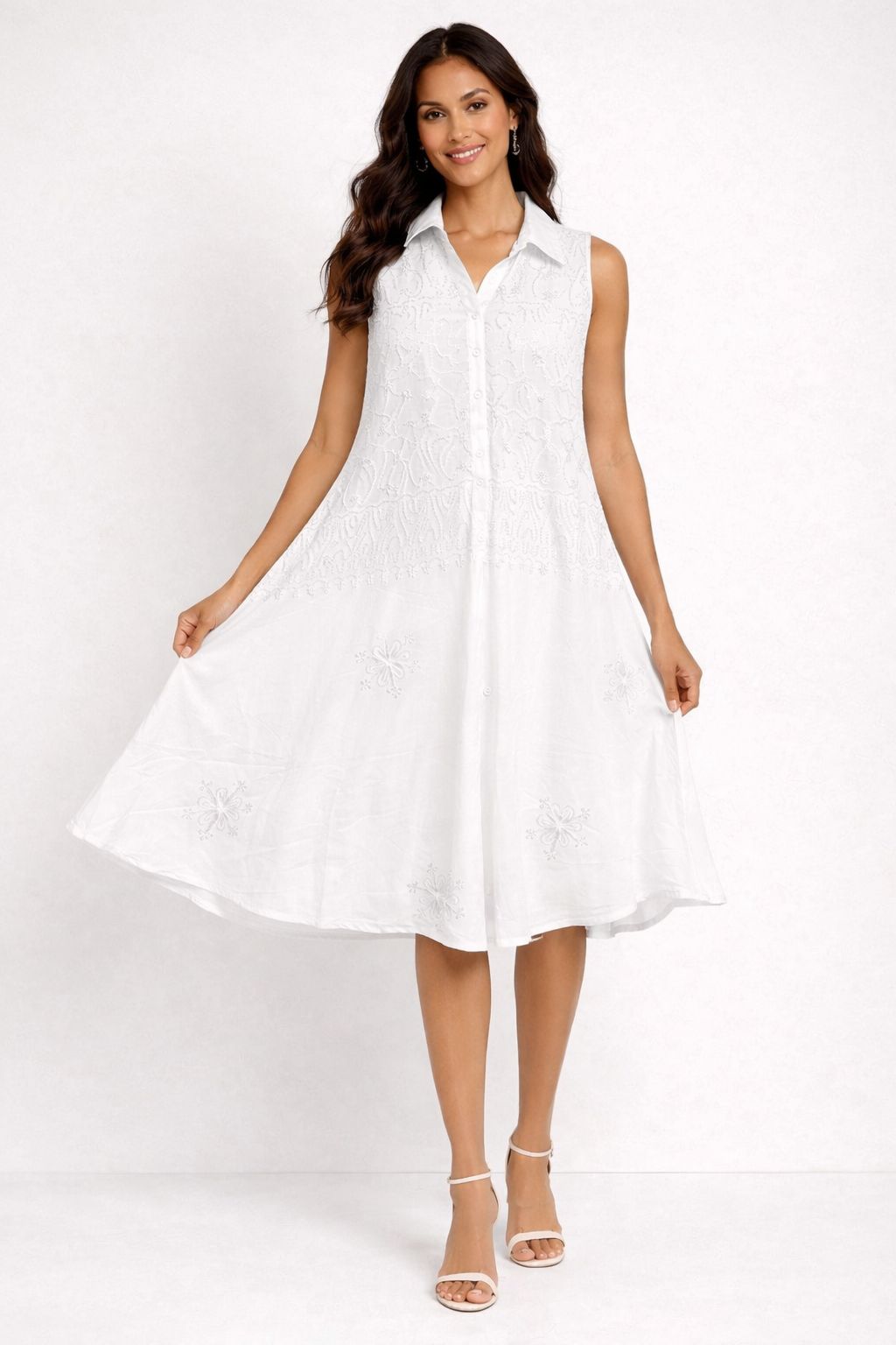 White Embroidered Dress with Elegant Neckline | One Size