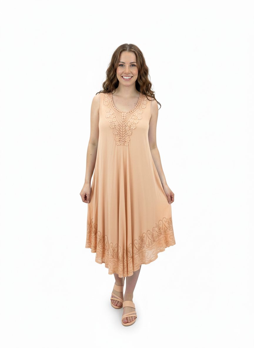 Vestido Beige Bordado Sin Mangas