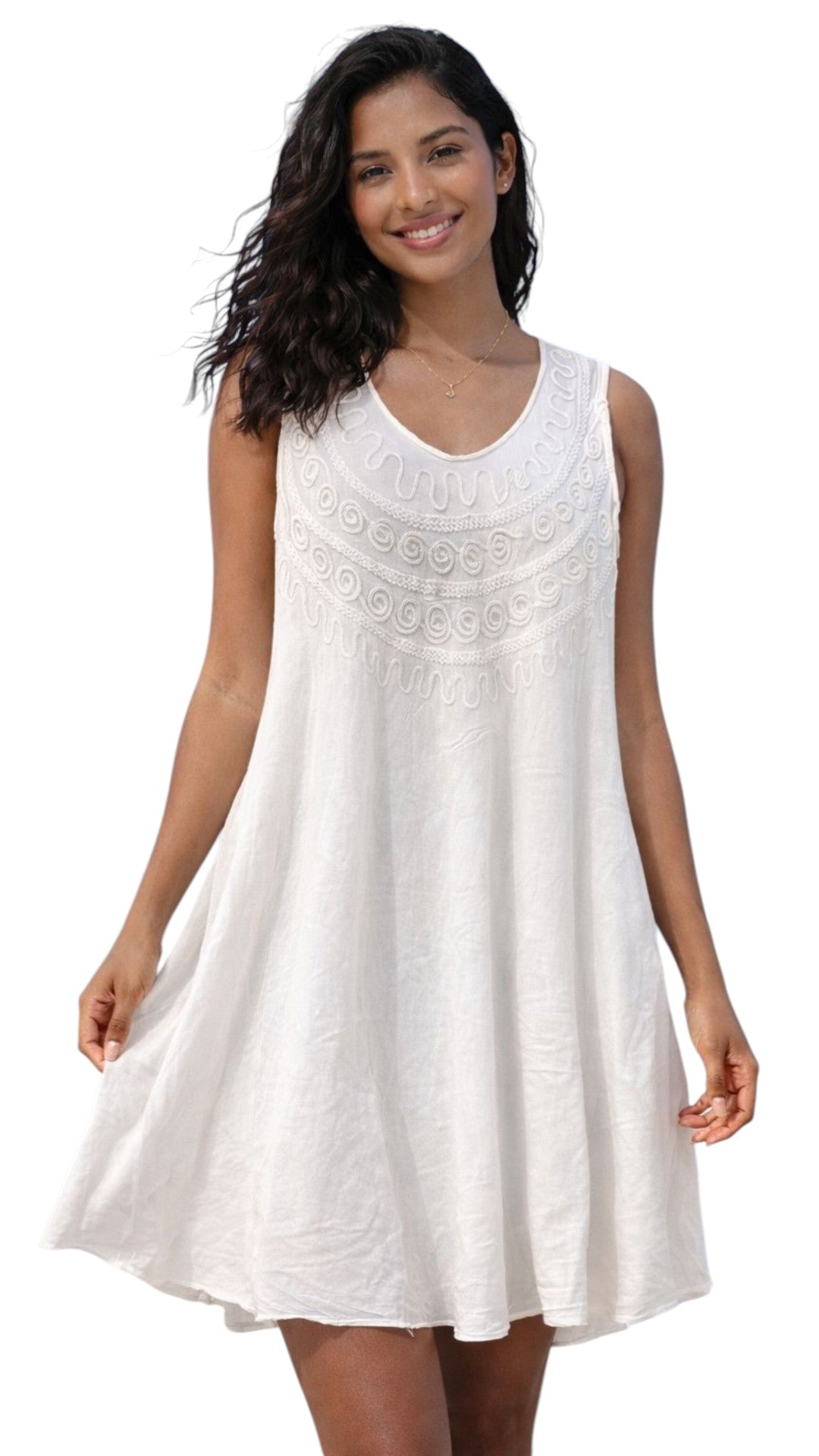 White Sleeveless Dress with Embroidered Top | One Size