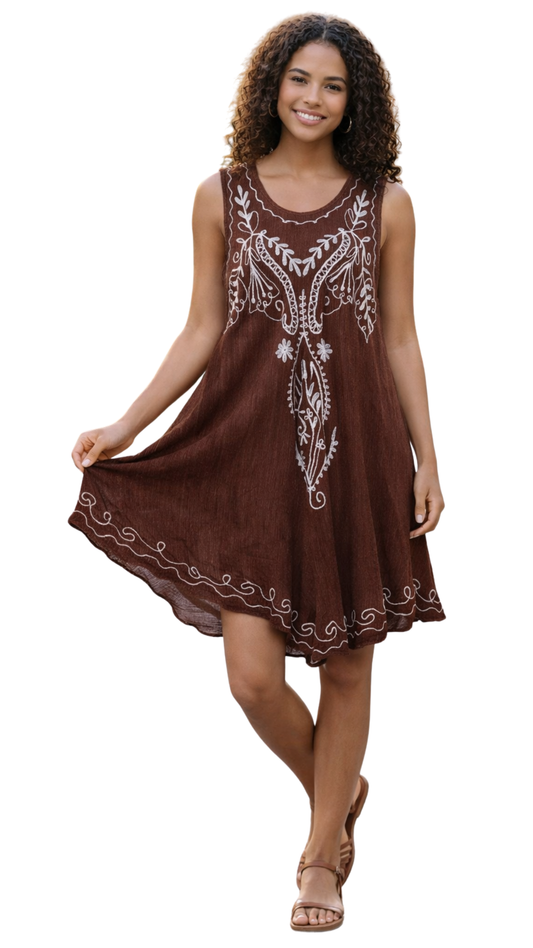 Vestido Sahara Café Bordado Elegante