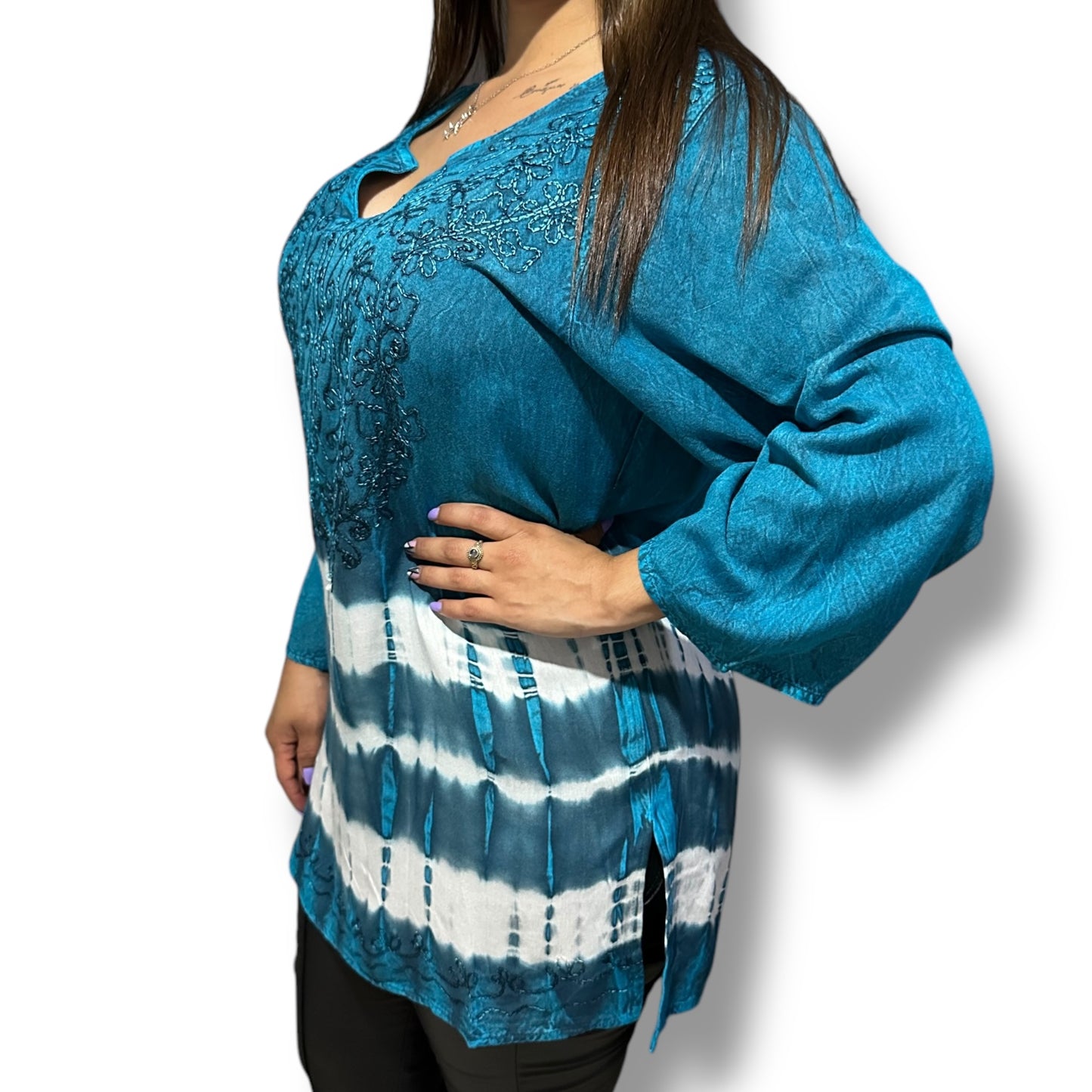 Blusa de Dama Azul Turquesa con blanco
