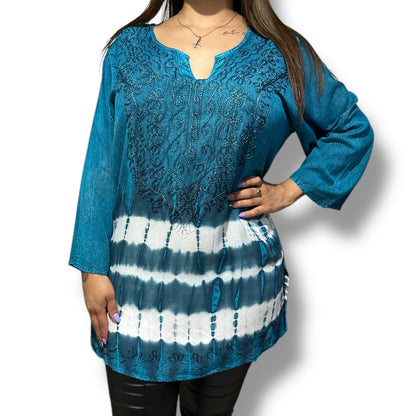 Blusa de Dama Azul Turquesa con blanco