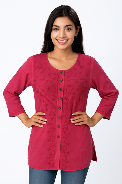 Top Blusa de Dama Fucsia con Manga 3/4