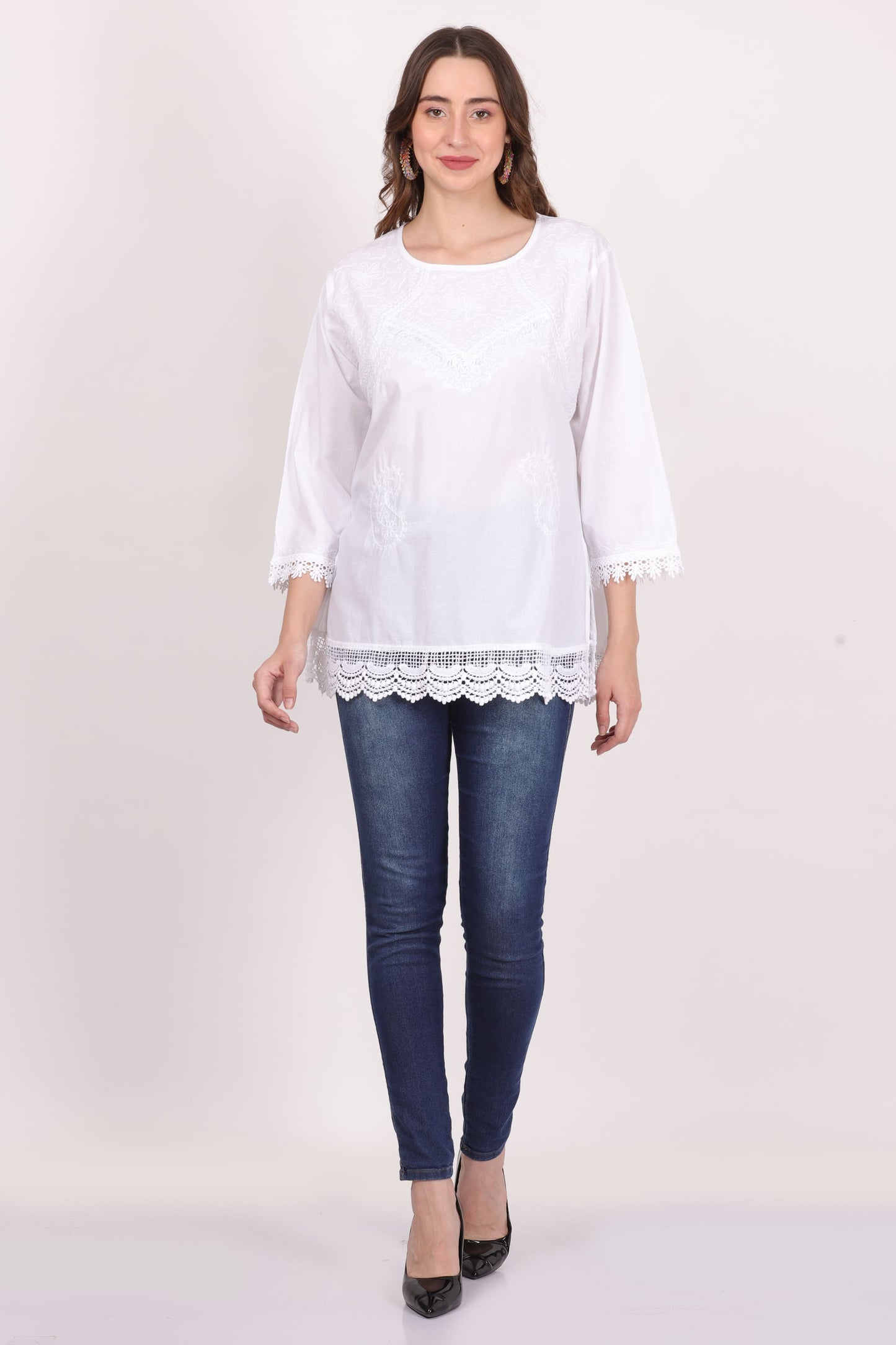 Blusa Blanca Unicolor Dama Mangas 3/4 Con Encajes