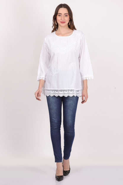 Blusa Blanca Unicolor Dama Mangas 3/4 Con Encajes