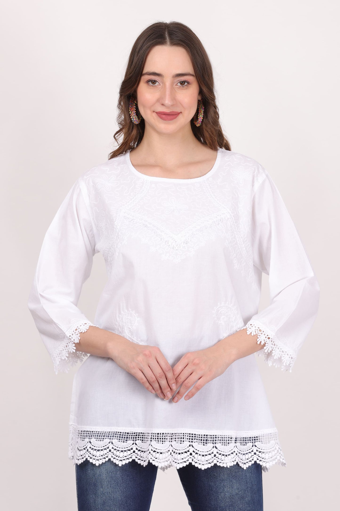 Blusa Blanca Unicolor Dama Mangas 3/4 Con Encajes