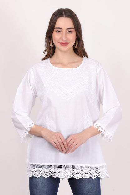 Blusa Blanca Unicolor Dama Mangas 3/4 Con Encajes