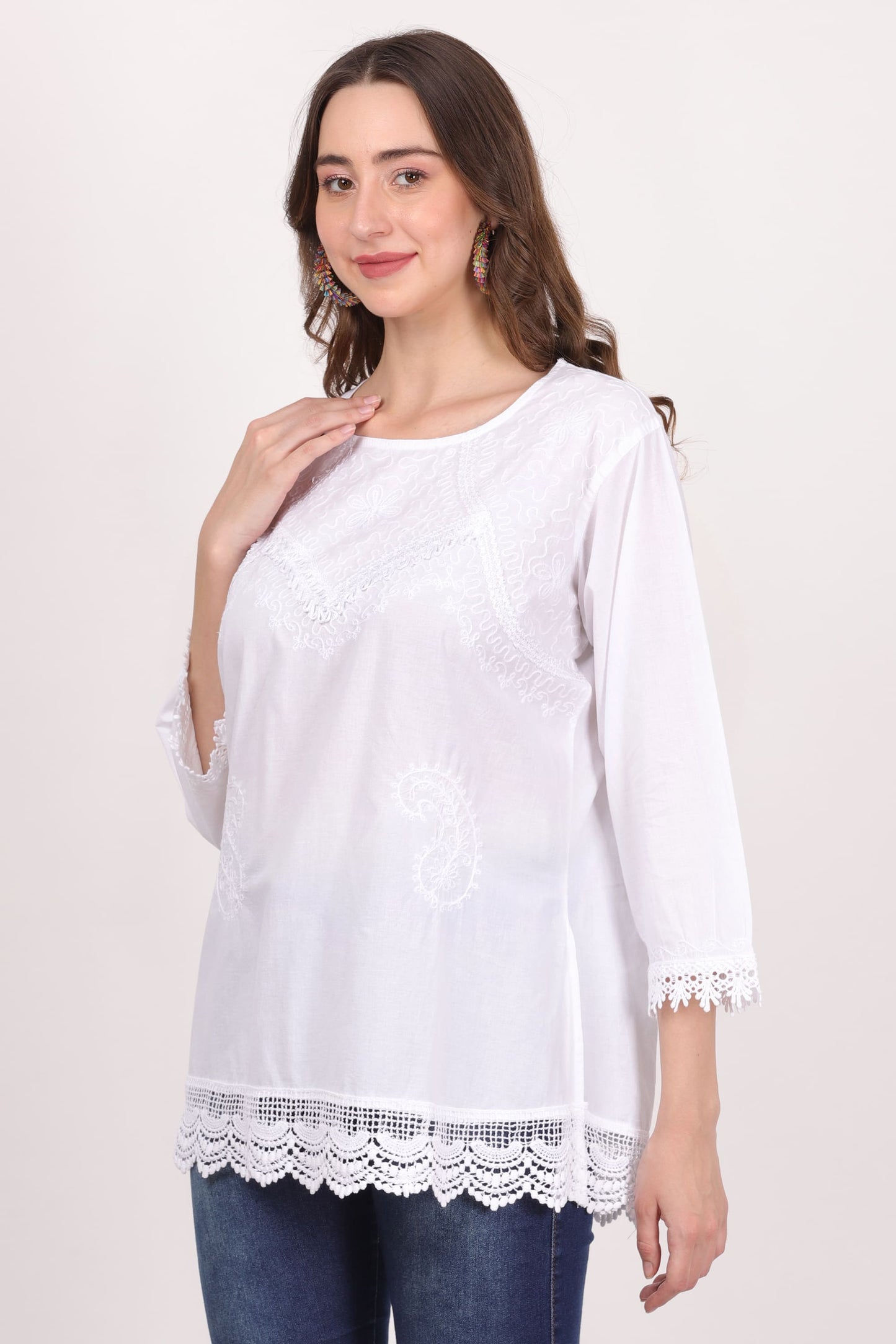 Blusa Blanca Unicolor Dama Mangas 3/4 Con Encajes