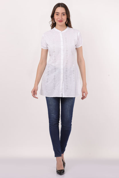 Blusa Blanca Unicolor Dama Mangas Cortas Con Encajes