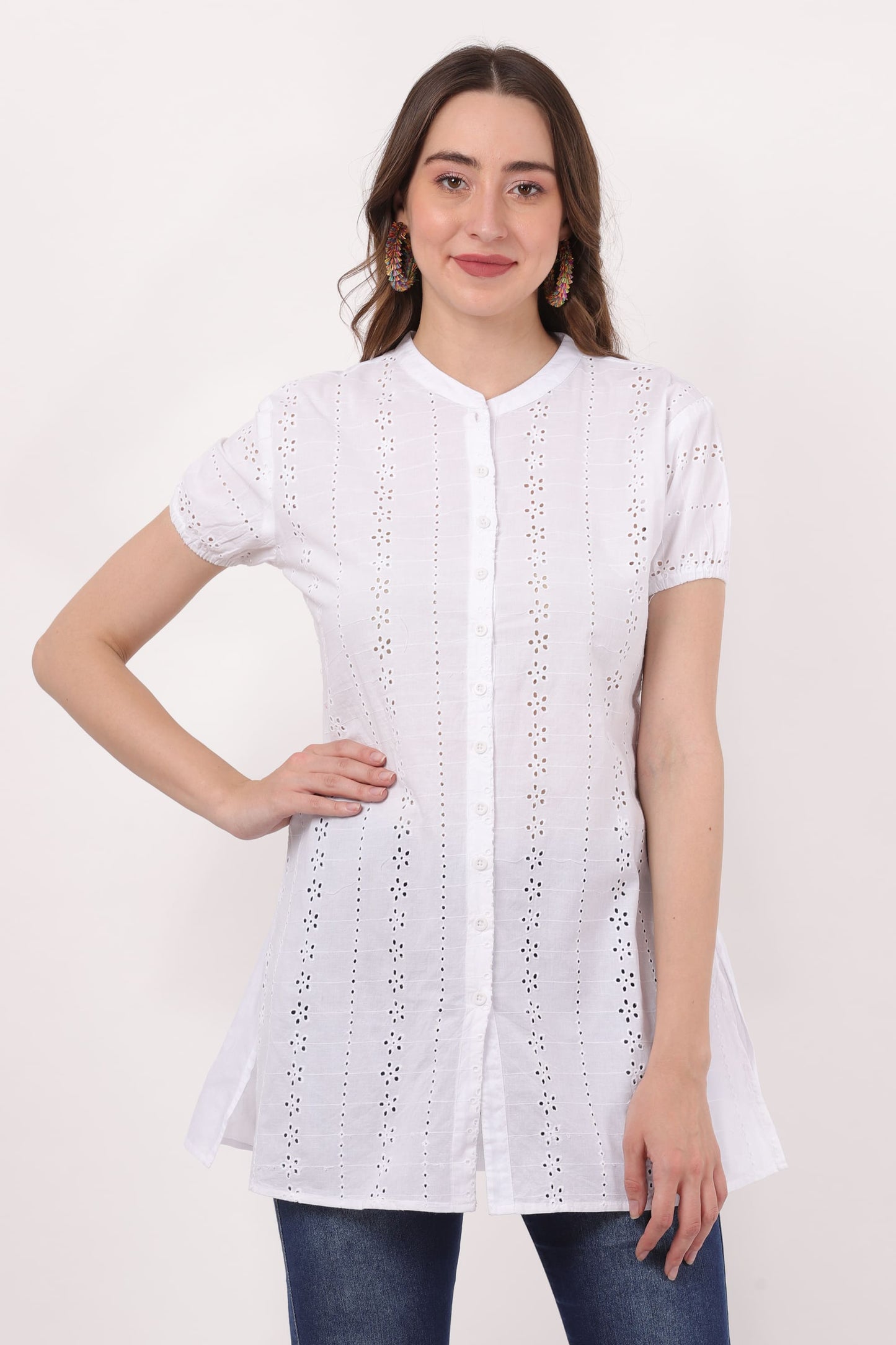 Blusa Blanca Unicolor Dama Mangas Cortas Con Encajes