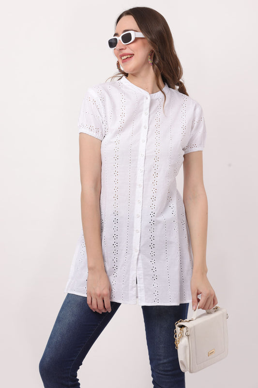 Blusa Blanca Unicolor Dama Mangas Cortas Con Encajes