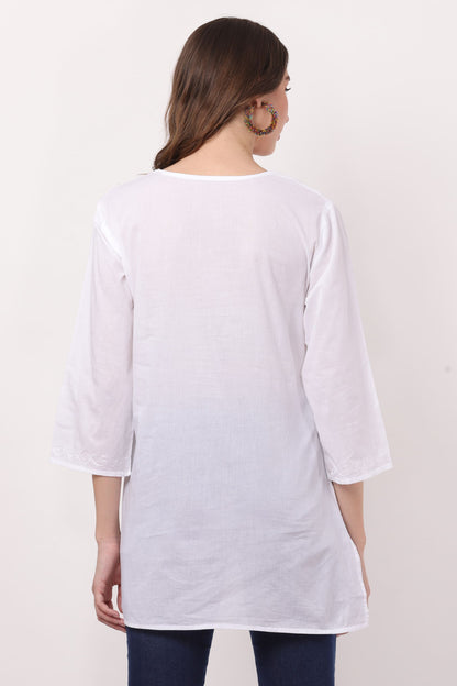 Blusa Blanca Unicolor Dama Mangas 3/4 Con Encajes. 1215