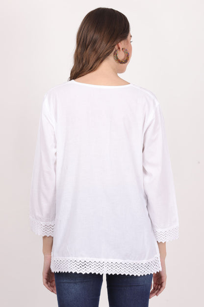 Blusa Blanca Unicolor Dama Mangas 3/4 Con Encajes. 1219