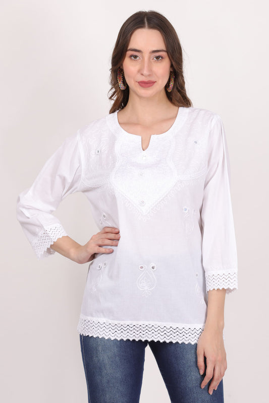 Blusa Blanca Unicolor Dama Mangas 3/4 Con Encajes. 1219