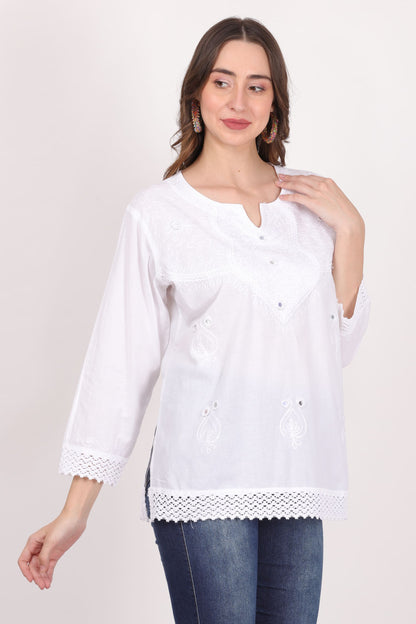 Blusa Blanca Unicolor Dama Mangas 3/4 Con Encajes. 1219