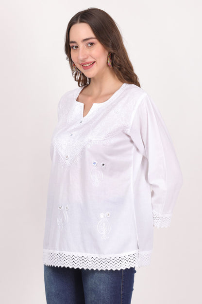 Blusa Blanca Unicolor Dama Mangas 3/4 Con Encajes. 1219