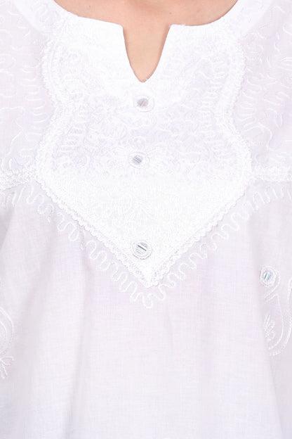 Blusa Blanca Unicolor Dama Mangas 3/4 Con Encajes. 1219