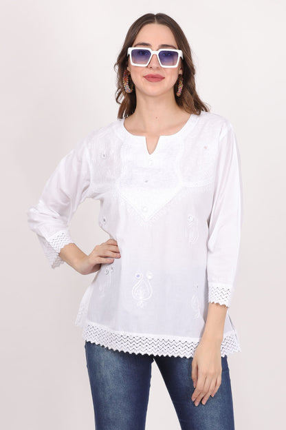 Blusa Blanca Unicolor Dama Mangas 3/4 Con Encajes. 1219