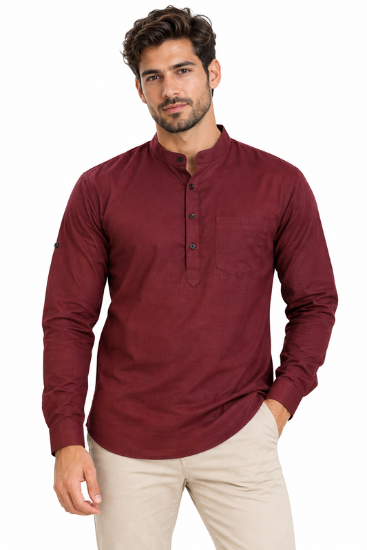 Camisa Vino Hombre Mangas Largas Cuello Chino
