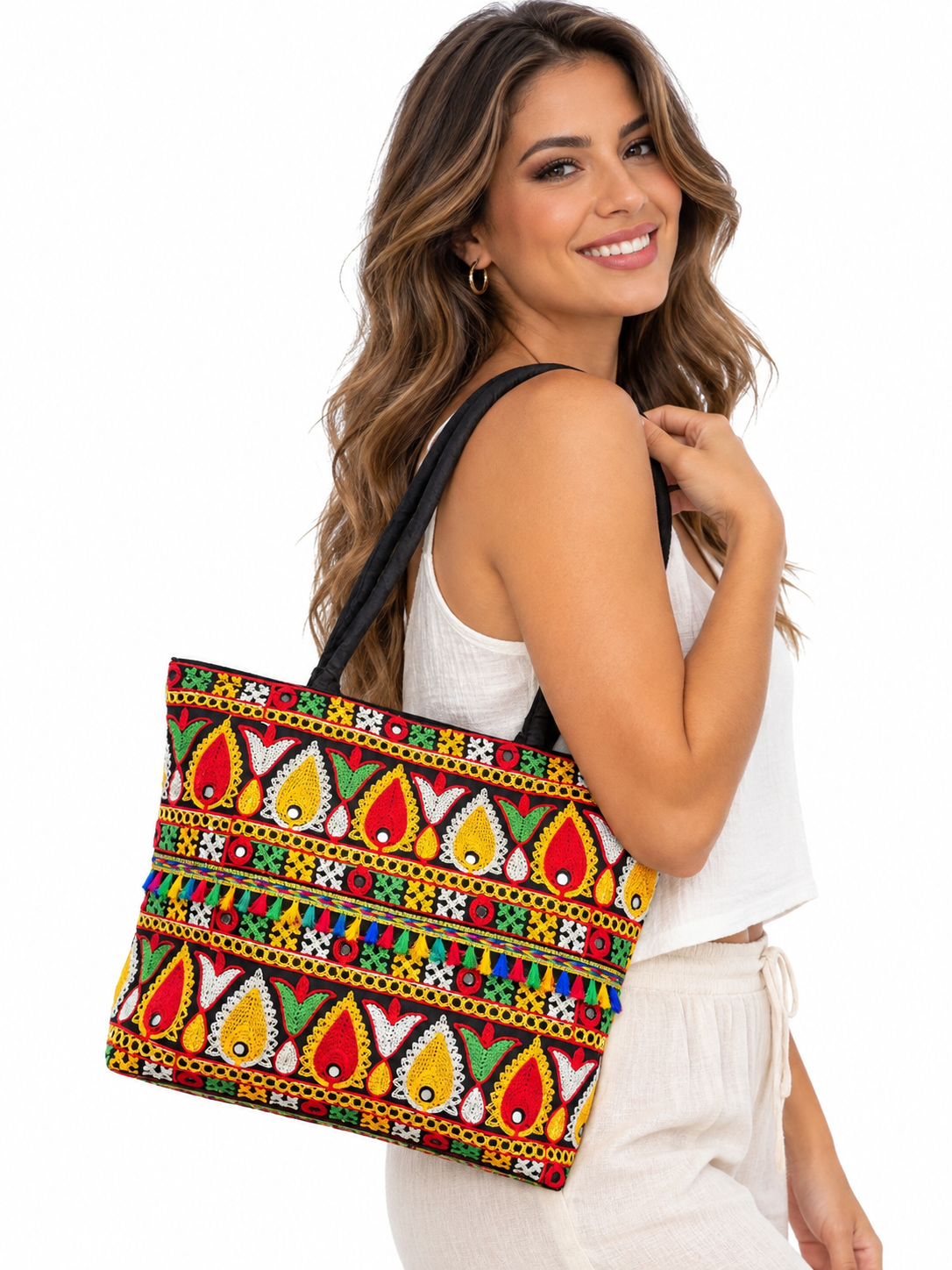 Bolso Cartera Mediano Bordado de Flores India