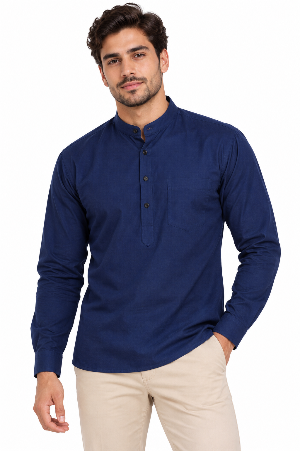 Camisa Azul Marino Hombre Mangas Largas Cuello Chino