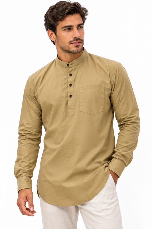 Camisa Khaki Hombre Mangas Largas Cuello Chino