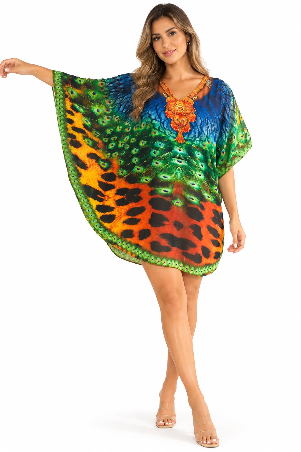 Vestido Corto de Dama con Estampado Digital y Piedras Brillantes